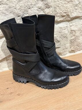 Sheridan Mia Black Leather Mid-Calf Combat Boots with Wrap Strap